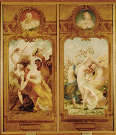O Foyer de la Danse apresenta quatro murais de Boulanger que mostram uma Danse Bachique, Bacchanalia e uma danse champetre, uma dança campestre ... (pintura mural) de Gustave Clarence Rodolphe Boulanger