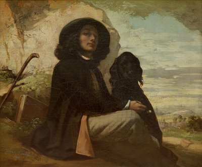 Courbet com seu cachorro preto de Gustave Courbet