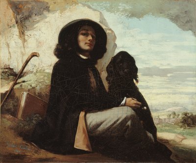 Francês:  Autoportrait dit Courbet au chien noir Autorretrato com um cão preto de Gustave Courbet
