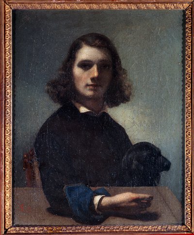 Auto-retrato com Pintura de Cão Preto de Gustave Courbet (1819-1877) Pontarlier do século XIX, Musee des Beaux Arts. de Gustave Courbet