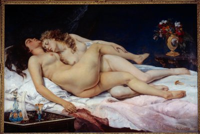 Dormir. Duas mulheres nuas abraçadas numa cama. de Gustave Courbet