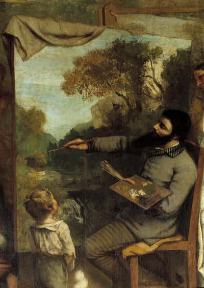 A Oficina do Pintor. Allegorie Reelle determinando uma fase de sete anos da minha vida artística (e moral) Detalhe retratando o pintor admirado por uma criança simbolizando a inocência da juventude. Pintura de Gustave Courbet (1819-1877) de Gustave Courbet