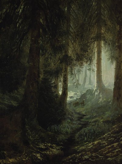 Veado numa paisagem florestal de Gustave Dore