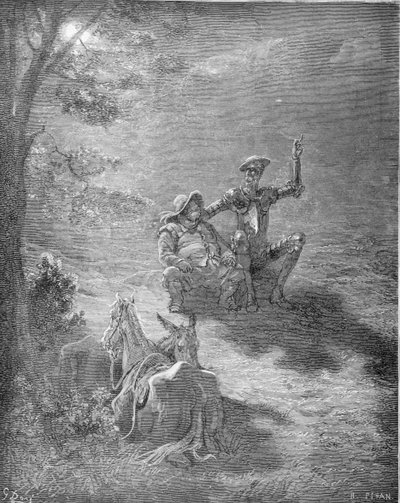 Um Discurso Noturno, de Dom Quixote de la Mancha, de Miguel Cervantes (1547-1616), gravado por Heliodore Joseph Pisan (1822-90), c.1868 de Gustave Dore