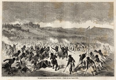 Um jogo de bola entre os índios Choctaws, tribo da região do Mississippi, desenhado por Gustave Dore (1832-1883), para ilustrar a viagem do Mississippi ao Oceano Pacífico em 1853-54 por Baudouin Mollhausen (1825-1905). Gravura em "Le tour du monde, nouveau de Gustave Dore
