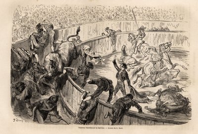 Um touro atravessando a barreira, durante uma tourada em Valência, desenho de Gustave Dore (1832-1883), para ilustrar sua viagem à Espanha, com C. Davillier, em 1862. Gravura em "Le tour du monde", editado por Edouard Charton de Gustave Dore