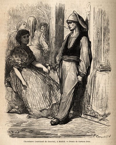 Um negociante de chocolate ao ar livre, esboça sobre o animado que se vive em Madrid. Gravura de Gustave Dore (1832-1883) para ilustrar a sua viagem à Espanha, com Ch. Davillier (editor), em 1862, publicada em "Le tour du monde" 1869, editada por Edouard C de Gustave Dore