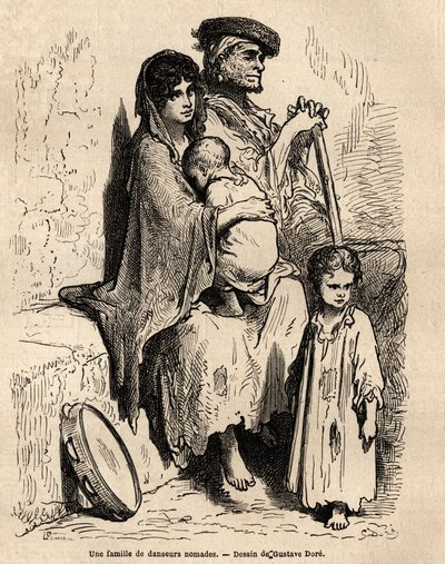 Uma família de dançarinos nômades que descansam nas ruas de Sevilha. Esboço feito ao vivo por Gustave Dore (1832-1883). Gravura para ilustrar a viagem na Espanha, em 1862 por Charles Davillier e Gustave Dore, em "Le tour du monde, nouveau journal des voyag de Gustave Dore