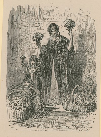 Um grupo de jovens mulheres vendendo flores de cestas de Gustave Dore