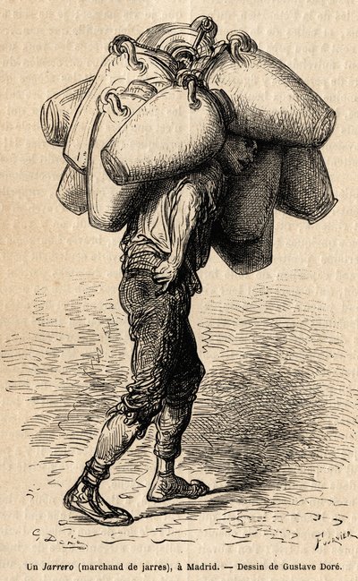 Um comerciante de frascos, esboço sobre o animado que se vive em Madrid. Gravura de Gustave Dore (1832-1883) para ilustrar sua viagem à Espanha, com Ch. Davillier (editor), em 1862, publicada em "Le tour du monde" 1869, editada por Edouard Charton, edição  de Gustave Dore