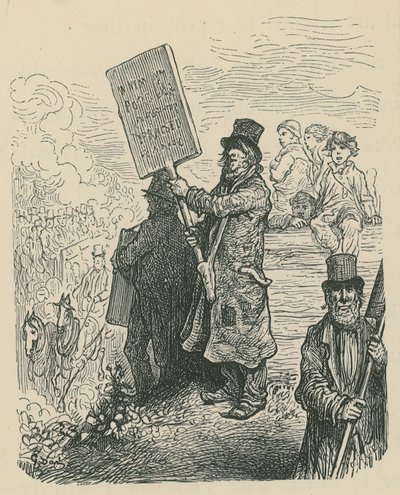 Um homem segurando um cartaz em um protesto de Gustave Dore