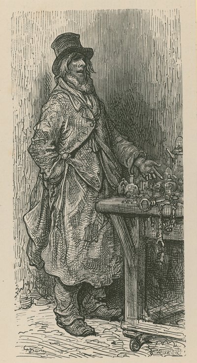 Um homem fica vendendo suas mercadorias de uma banca de mercado de Gustave Dore