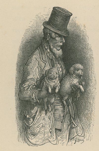 Um, homem, desgastar, um, chapéu superior, enquanto, segurando, dois, cachorros, em, seu, mãos de Gustave Dore