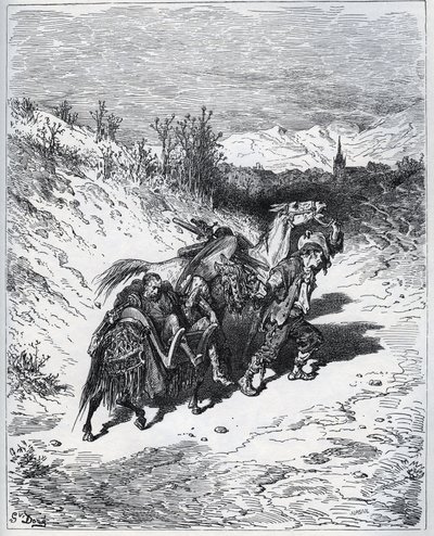 Um arado traz Dom Quixote e Rossinante de volta à aldeia - de “Don Quixote de la Mancha” ”de Miguel Cervantes de Gustave Dore
