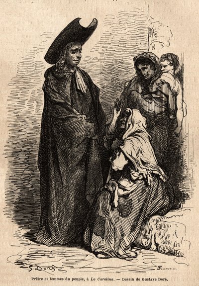 Um sacerdote e uma mulher do povo, vestidos com trapos; os mendigos profissionais espanhóis se instalaram nos tribunais das igrejas para explorar habilmente a caridade cristã. Esboço tirado ao vivo por Gustave Dore (1832-1883). Gravura para ilustrar a viag de Gustave Dore