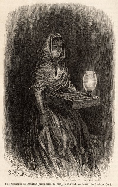 Uma vendedora de fósforos de cera, esboça ao vivo na puerta del sol, em Madrid. Gravura de Gustave Dore (1832-1883) para ilustrar sua viagem à Espanha, com Ch. Davillier (editor), em 1862, publicada em "Le tour du monde" 1869, editada por Edouard Charton, de Gustave Dore