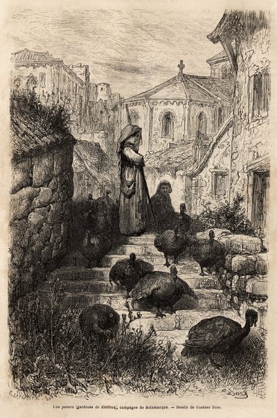 Um guarda peru, nas ruas de uma aldeia no campo de Salamanca. Desenho de Gustave Dore (1832-1883). Gravura para ilustrar a viagem na Espanha, de Charles Davillier, em 1862, publicada em "Le tour du monde" 1872, editada por Edouard Chart. de Gustave Dore