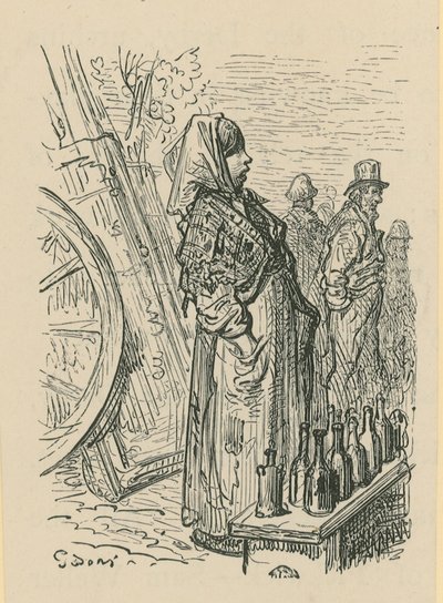Mulher, vender, vidro, garrafas de Gustave Dore