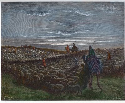 Abraham Journeying Into the Land of Canaan - Abram se estabeleceu na terra de Canaã - gravura em "The Bible illustree" de Gustave Dore (1832-1883) - Gravura de "The Dore Bible" de Gustave Dore