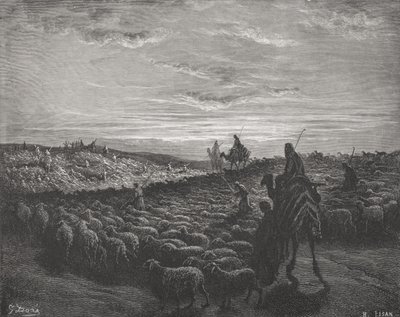 Abraão viajando para a terra de Canaã, Gênesis 13: 1-4, ilustração da "Bíblia Sagrada" de Dore, gravada por Pisan, 1866 de Gustave Dore