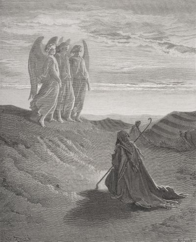 Abraão e os três anjos, ilustração de "A Bíblia Sagrada" de Dore, gravada por Ligny, 1866 de Gustave Dore