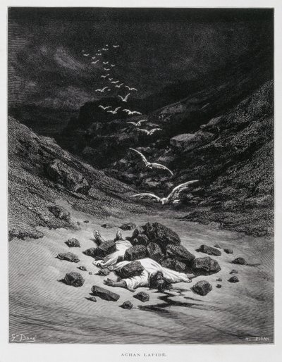 Achan é apedrejado até à morte (Josh. 7:1,10-26), Ilustração da Bíblia Dore de Gustave Dore