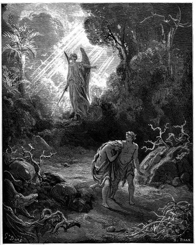 Adão e Eva caçam no Paraíso - Ilustração de Gustave Dore para A Bíblia - de Gustave Dore
