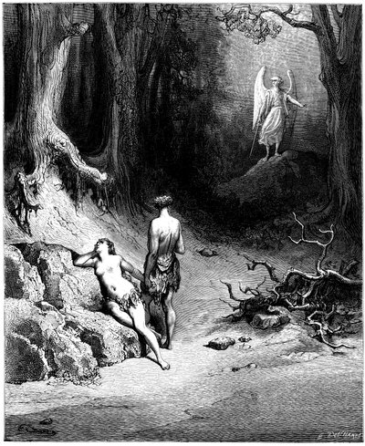 Adão e Eva são caçados no Paraíso. Ilustração de Gustave Dore para "Paraíso Perdido" de John Milton (1608-1674). Gravura de 1866. Coleção particular de Gustave Dore