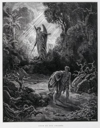 Adão e Eva expulsos do Jardim do Éden por um anjo, Ilustração da Bíblia de Dore de Gustave Dore