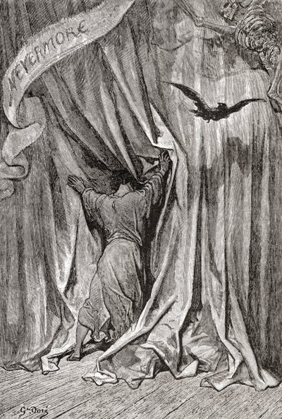 Segundo um desenho de Gustave Dore para o poema "O Corvo" de Edgar Allan Poe. De Life and Reminiscences of Gustave Dore, publicado em 1885. de Gustave Dore