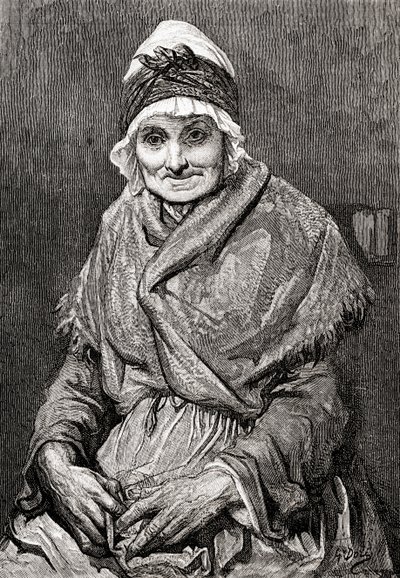 Segundo um desenho feito em 1880 por Gustave Dore da sua ama Françoise. De Life and Reminiscences of Gustave Dore, publicado em 1885. de Gustave Dore