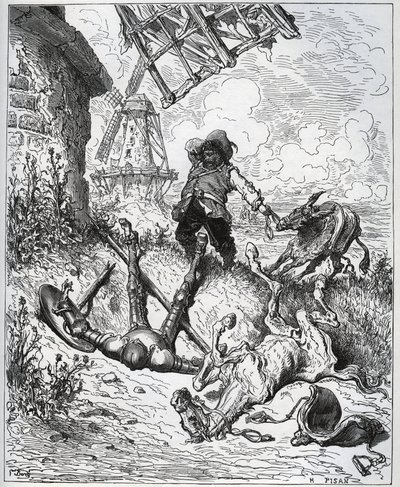 Depois do assalto dá os moinhos de vento - "Misericorde! "Sancho - de "Don Quixote de la Mancha" de Miguel Cervantes (1547-1616) (Don Quixote) - Corte de madeira após desenho de Gustave Dore de Gustave Dore