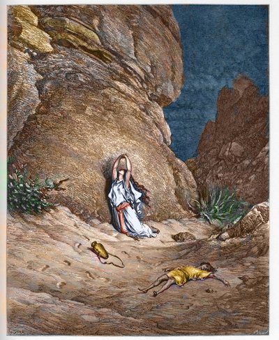Agar (Agar) e seu filho Ismail (Ismael), no deserto depois de terem sido expulsos por Abraão - Agar (Agar) e seu filho Ismael (Ismael), no deserto depois de terem sido caçados por Abraão - gravura em "A ilustração bíblica" de Gustave Dore (1832-1883) - Gra de Gustave Dore