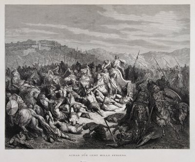 Acabe combate os assírios na batalha de Qarqar , Ilustração da Bíblia de Dore de Gustave Dore