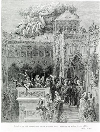 Todas as suas vidas foram empregadas não por leis, estatutos ou regras, mas segundo a sua vontade e vontade franca, depois de Gargântua (1534) por François Rabelais (1483 - 1553). Gravado por Gustave Dore (1832-1883). de Gustave Dore