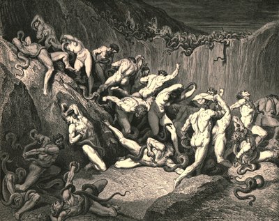 Em meio a essa terrível exuberância de angústia, espíritos nus voavam com medo horrível, c1890. de Gustave Dore
