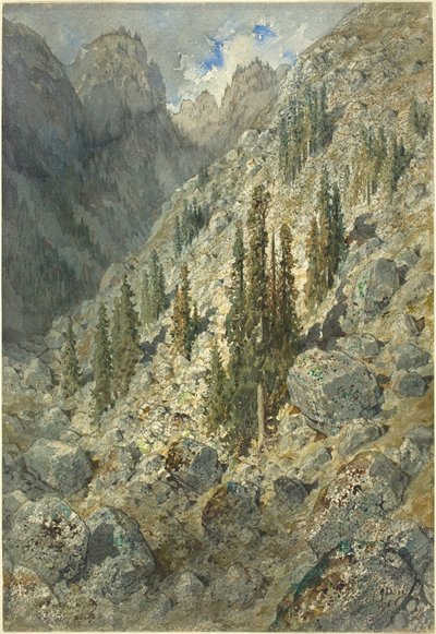 Um vale alpino com árvores e pedregulhos de Gustave Dore