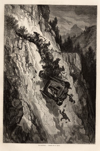 Um acidente de diligência, desenho de Gustave Dore (1832-1883), para ilustrar sua viagem à Espanha, com C. Davillier, em 1862. Gravura em "Le tour du monde", editado por Edouard Charton de Gustave Dore