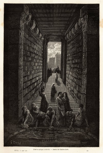 Uma cisterna antiga, ainda em uso, em Mérida. Gravura para ilustrar a viagem à Espanha do ilustrador Gustave Dore (1832-1883) e do Barão Ch. Davillier, em 1862, publicada no "Le tour du monde, nouveau journal des voyages", sob a direcção de de Gustave Dore