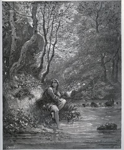 Aparição da Dorothee em Roupa de Fazendeiro - de "Don Quixote de la Mancha" de Miguel Cervantes (1547-1616) (Don Quixote) - Lenhador após desenho de Gustave Dore de Gustave Dore