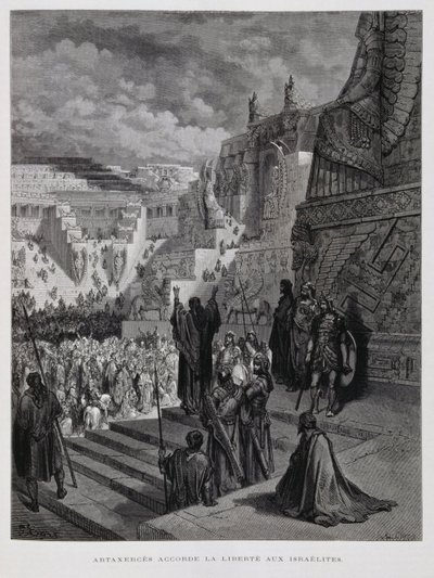 Artaxerxes concede a liberdade aos judeus na Pérsia, Ilustração da Bíblia de Dore de Gustave Dore
