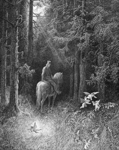 Ao cruzar as florestas escuras, ele mesmo viu 3 espíritos loucos de alegria saltando para a beira da estrada sobre uma grande flor (um cavaleiro da mesa redonda encontrando os três espíritos na floresta de Brocéliande) - em "Junièvre" de Alfred Tennyson, d de Gustave Dore