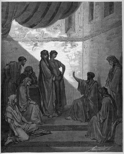 Baptim of Cornelius the Centurion - Cornelius the Centurion recebe a fé de Jesus Cristo, e é baptizado por São Pedro. - Gravura em "A ilustração da Bíblia" de Gustave Dore (1832-1883) - Gravura de "A Bíblia Dore" de Gustave Dore