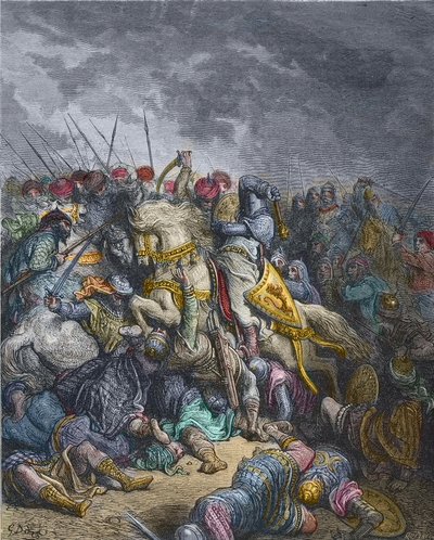 Batalha de Arsur - Coração de Leão Ricardo I (1157-1199), Rei da Inglaterra participante da 3ª Cruzada - Coração de Leão Ricardo na Batalha de Arsuf (1191), Terceira Cruzada, gravura de Gustave Dore - da História das Cruzadas de Joseph-Francois Michaud de Gustave Dore