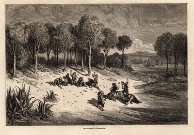 Batalha de Laranjas de Carcagente, desenho de Gustave Dore (1832-1883), para ilustrar sua viagem à Espanha com C.Davillier, em 1862. Gravura em "Le tour du monde", editado por Edouard Charton de Gustave Dore