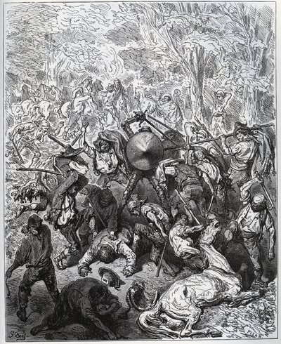 Batalha com os fabricantes de mulas - Os Yangois usaram seus tacos - de "Don Quixote de la Mancha" de Miguel Cervantes (1547-1616) (Don Quixote) - Corte de madeira após desenho de Gustave Dore de Gustave Dore