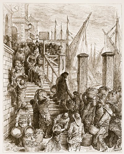 Billingsgate, Landing the Fish, de "London, a Peregrinação", escrito por William Blanchard Jerrold (1826-94) e gravado por Hildibrand, pub. 1872 de Gustave Dore