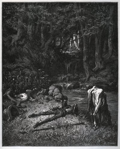 Bivouac na floresta - Convencidos pela beleza do lugar, resolveram passar ali as horas de sesta - de "Dom Quixote de la Mancha" de Miguel Cervantes (1547-1616) (Dom Quixote) - Lenhador após desenho de Gustave Dore de Gustave Dore