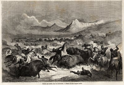 A caça ao búfalo entre os Delawares, ameríndios que vivem nas margens do rio do mesmo nome, desenho de Gustave dore (1832-1883), para ilustrar a viagem do Mississippi ao Oceano Pacífico em 1853-54 por Baudouin Mollhausen (1825-1905). Engravi de Gustave Dore