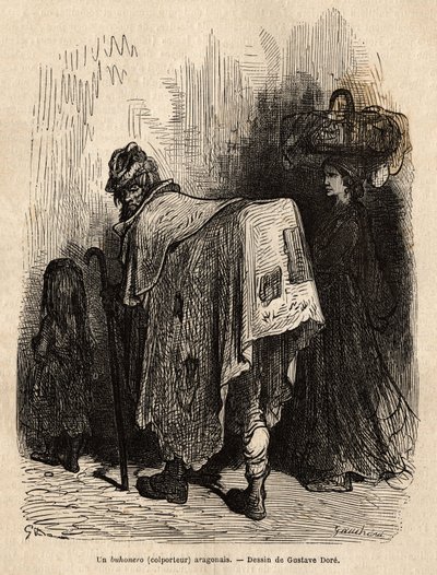 Buhonero, vendedora aragonesa. Desenho de Gustave Dore (1832-1883). Gravura para ilustrar a viagem na Espanha, de Charles Davillier, em 1862, publicada em "Le tour du monde" 1872, editada por Edouard Charton, edição Hachette, Paris. Coleção Selva. de Gustave Dore